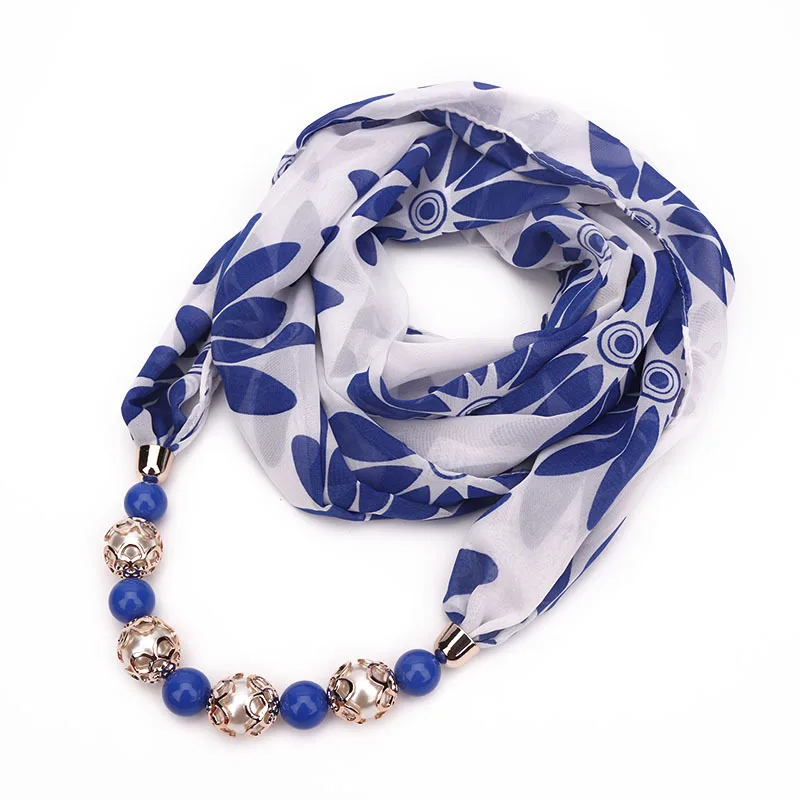 Beaded Pendant Scarf Print Chiffon Neck Warmer Fashion Outdoor Travel Shawl Infinity Wrap for Women Ladies Unisex​
