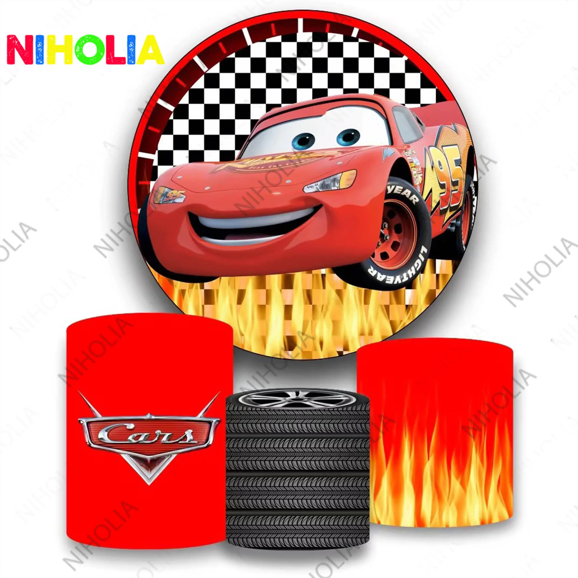 Disney McQueen Car Round Backdrop Kids Birthday Party Cylinder Covers Baby Shower Decoration Background For Cake Table