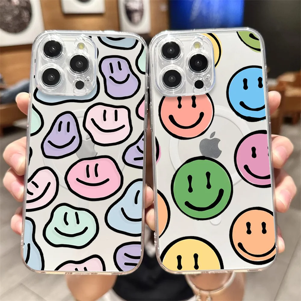 Funny Smiley Face Phone Case for iPhone 12 11 13 14 15 16 Max Pro Plus Transparent Magsafe Magnetic Wireless Cover