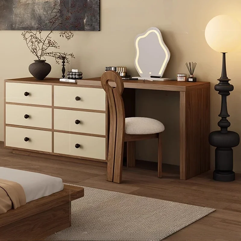 Wood Vanity Table with Mirror and LED Light, Unique Storage Makeup Dresser for Bedroom, Nordic Style Furniture