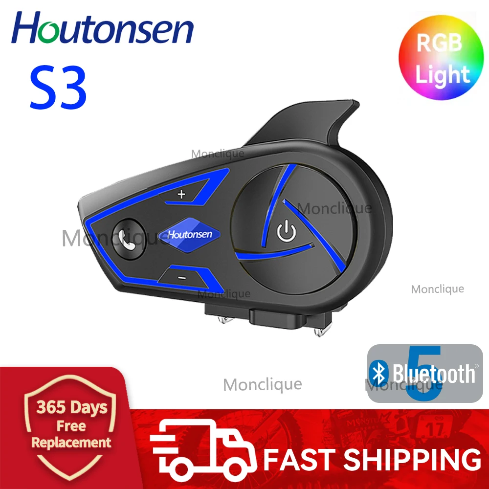 Houtonsen S3 Motorcycle Helmet Walkie-talkie RGB 3 Color Ambient Light Waterproof Communicator Noise-Canceling Headphones Stereo