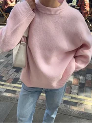 Elegant Pink Round Neck Knitted Pullover Women Fashion Loose Long Sleeve Casual Sweater 2024 Autumn Ins New Lady Street Knitwear