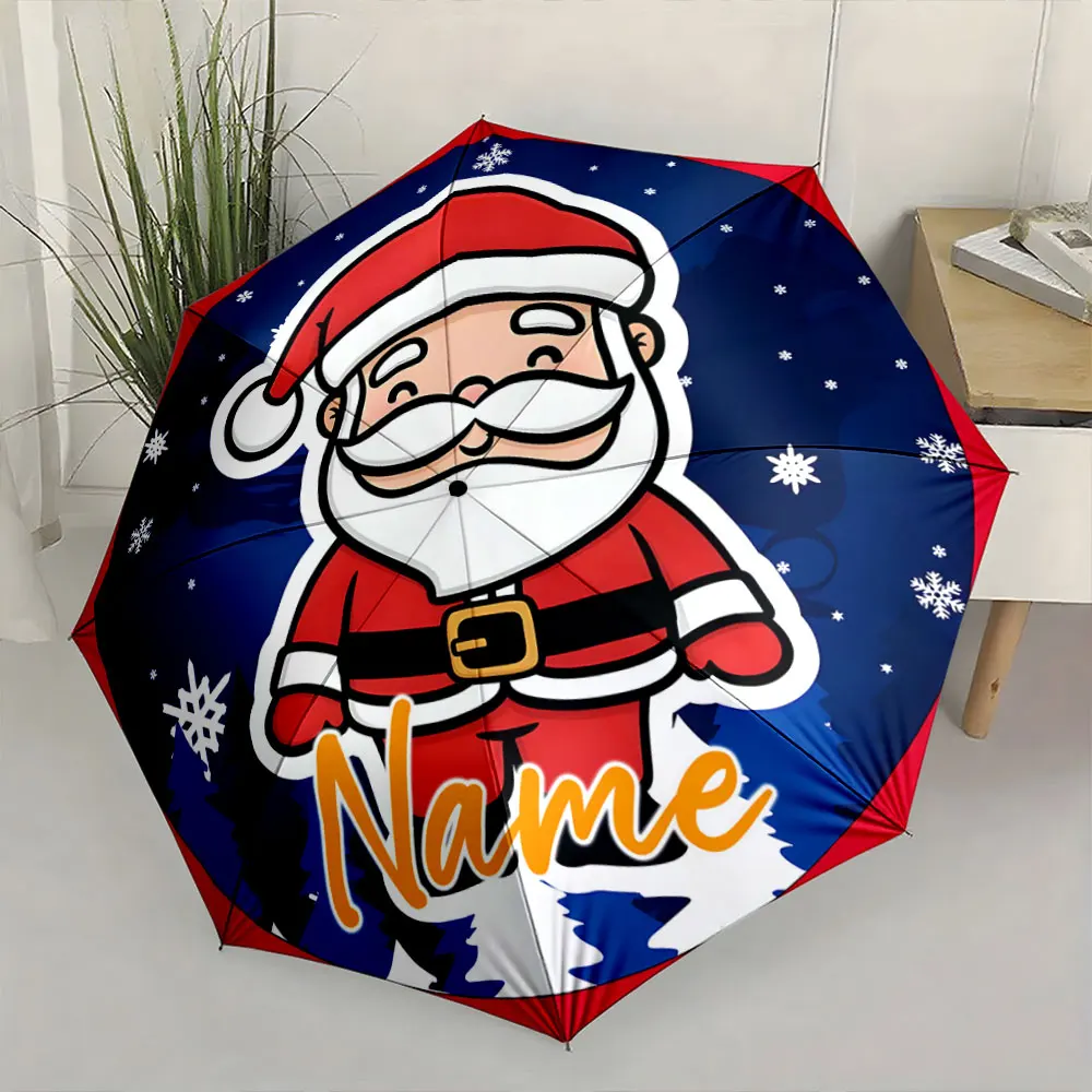 Custom Name Festive Santa Claus Umbrella Design 8 Iron Ribs Folding Umbrella Auto-Open Fashionable Sunshade Deluxe Gift