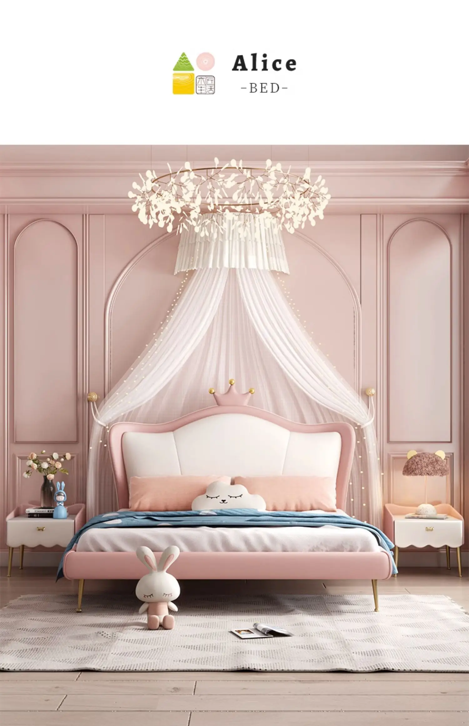 Crown pink castle princess wind bed girl French 1.5m   bed leather girlhood single