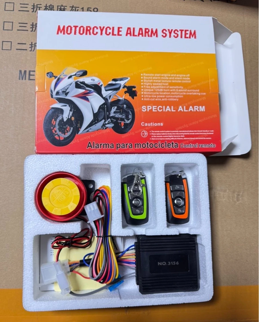 

12V Universal Motorcycle Anti-Theft Alarm System, One-Way Remote Control Key Fob, Engine Start & Overload Protection Design
