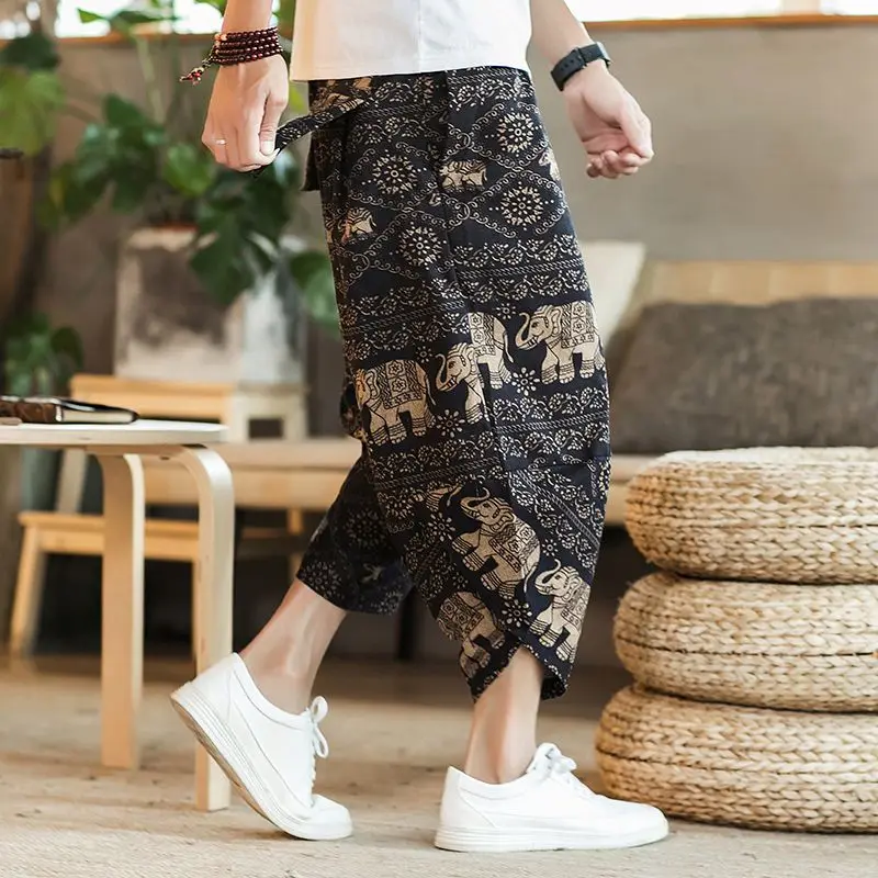 Cenoura tamanho grande linho de sete pontos masculino verão solto estilo chinês bloomers calças harém masculinas