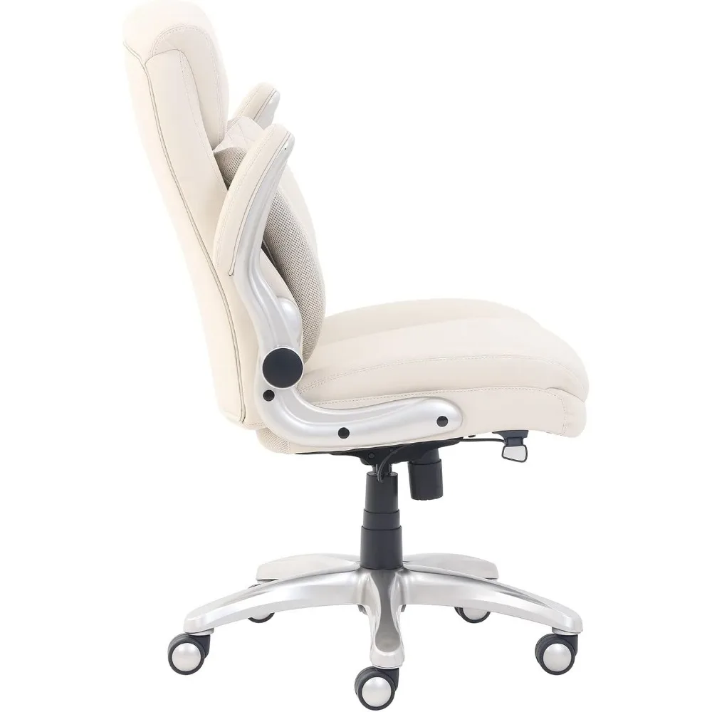 Chaise de bureau ergonomique en cuir collé crème, avec accoudoirs rabattables, réglable, recommande l'inclinaison et le soutien lombaire