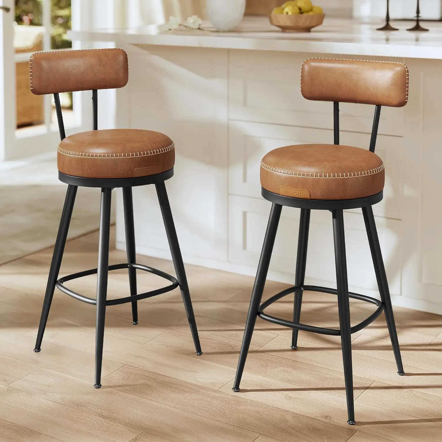 

Bar Stools Set of 2 Swivel Counter Height Back Synthetic Leather Mid-Century Modern 25.6-Inch Kitchen Bar Stools Caramel Brown