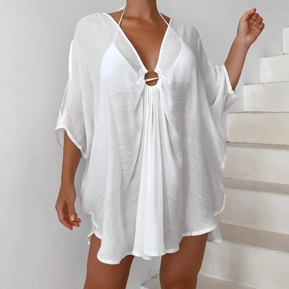 

New Chest Ring V-neck Loose One-size-fits-all Quick-drying Beach Blouse, Irregular Seaside Vacation Sunscreen Skirt