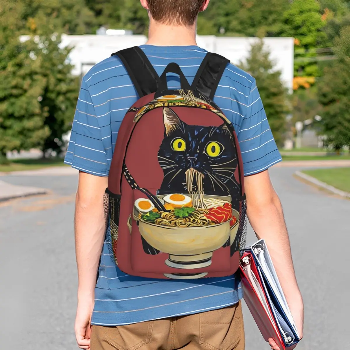 Japanese Cat Eating Ramen Backpack Student BookBag Children School Bag Computer Shoulder Bags for Boys Girls