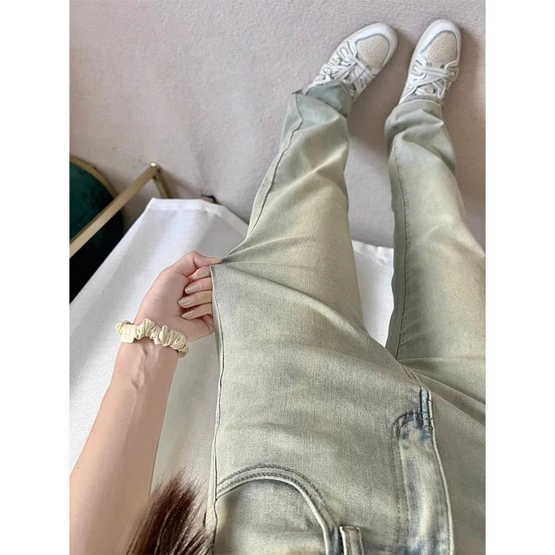 

Yellowmud narrow wide-leg jeans female spring and fall high-waisted design niche retro American high street pants straight pants