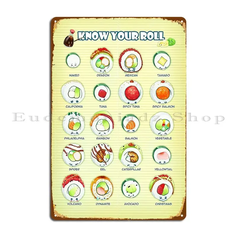 Know Your Roll Cute Educational Sushi Ghostfire Metal Sign Poster Wall Cave Printed Wall Decor Living Room Tin Sign Poster