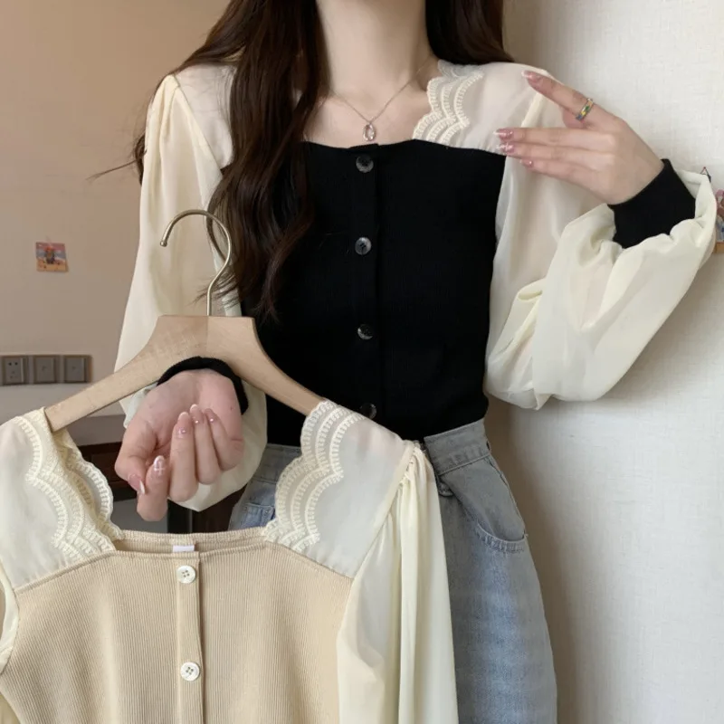 French Splicing Fake two pieces Square Collar Women Knitted shirt jacket Flare Sleeve Unique Slim fit top black beige