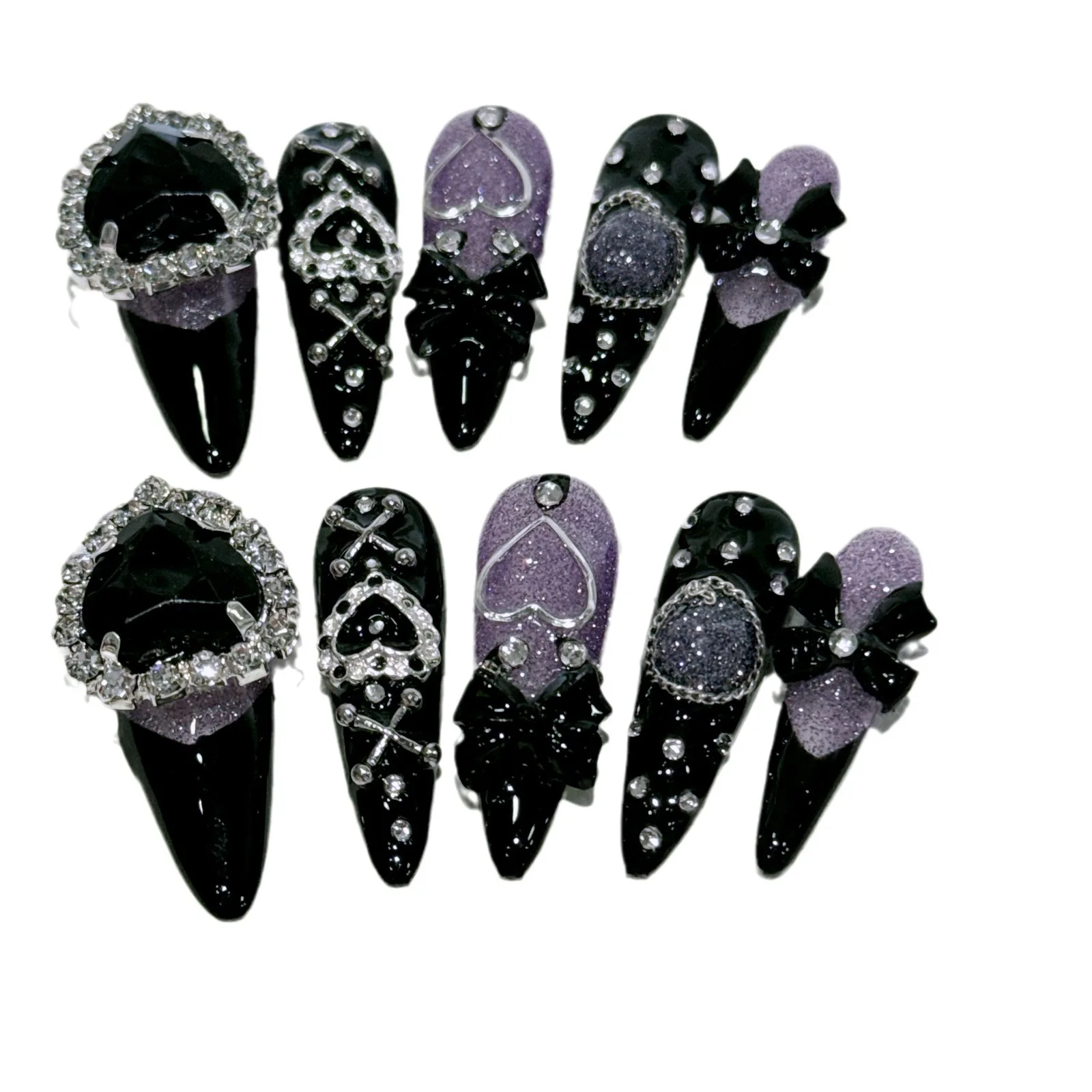 10 Uds. De uñas góticas hechas a mano con forma de punta larga, cadena de Metal Punk con diamantes de amor, cubierta completa de calle, regalo para uñas postizas