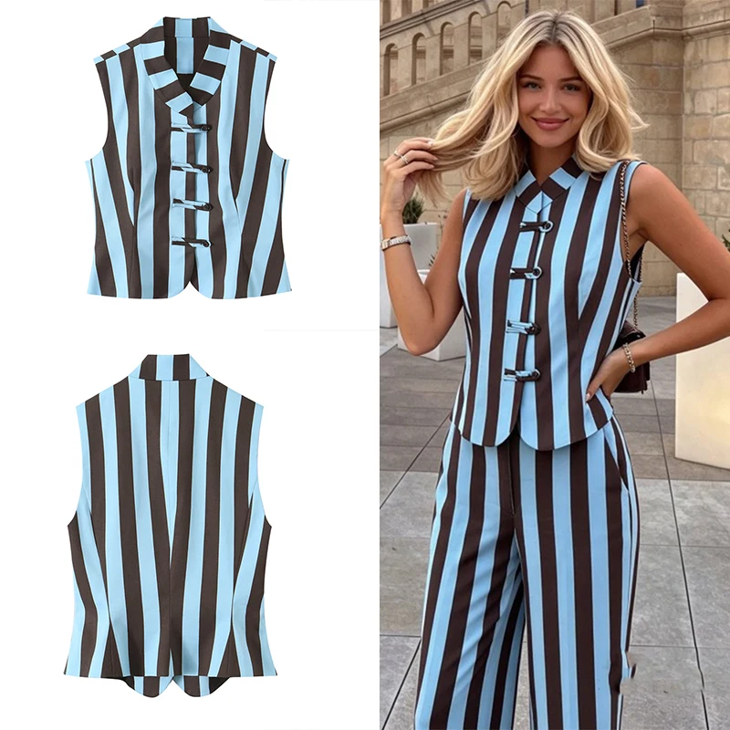 Ms. Guobioziy Button-Front Striped Sleeveless Vest with Stand Collar, Blue and Brown Stripes, Slim-Fit Casual Outerwear Top