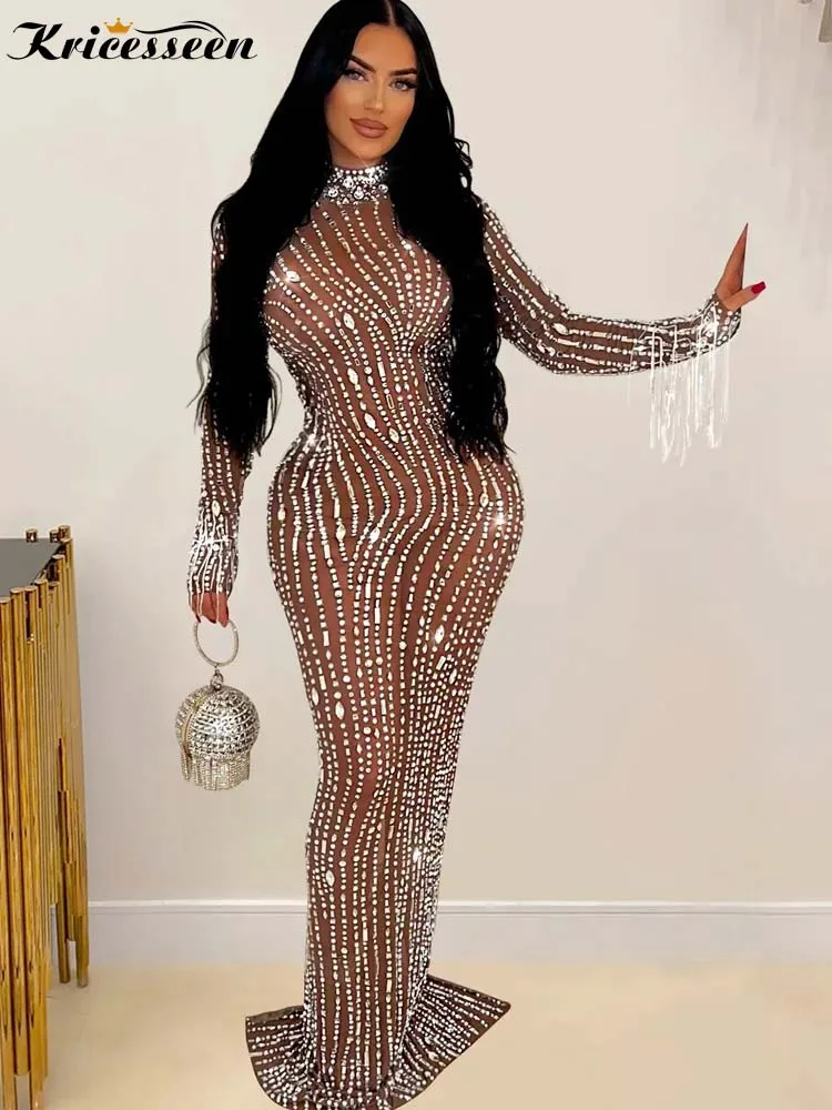 Kricessed New Chic Diamonds Mesh Fringed Long One Piece Dress Glam Diamante Trim strass Party Dress Celebrities Outfits