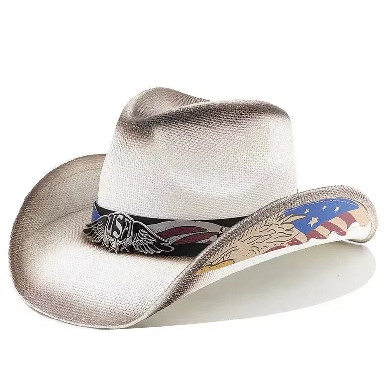 Fashionable Eagle Outdoor Men's Western Cowboy Hat, Sun Protection, Hard-Brimmed Premium Straw Hat, Elegant Jazz Top Hat