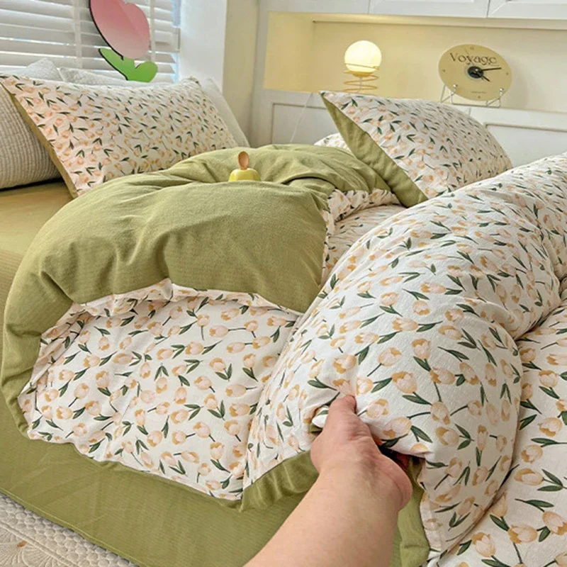4Pcs Double-Layer Yarn Printed Cotton Fabric Quilt Cover Soft and Skin Friendly Bedding Sheet Queen/king Double Single Bed Set