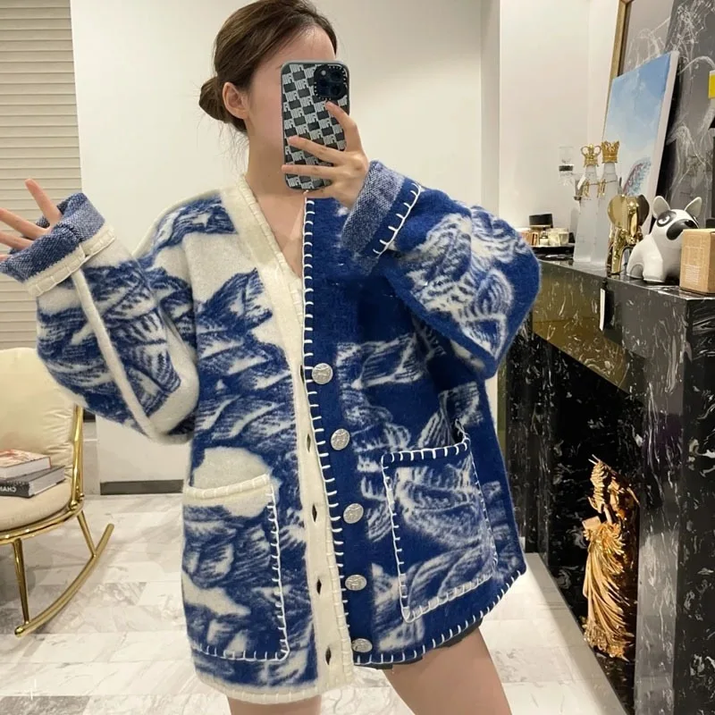 

Autumn and Winter Spell Color Knitted Cardigan with Pockets, Single-breasted V-neck Patchwork Loose Knit Sweater Coat for Women