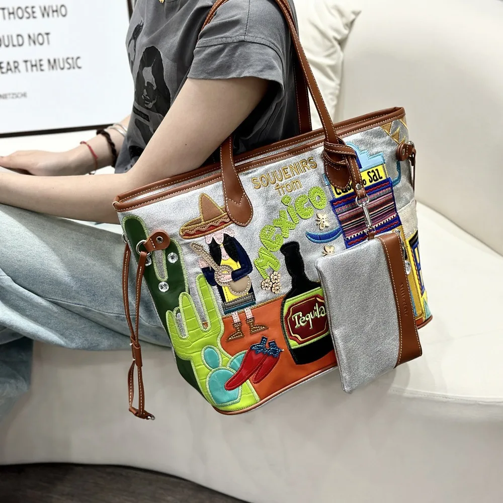 Italian-Mexican Unique Design Women's New Fashion Patchwork Embroidered Single Shoulder Bag Large Capacity Tote Bag