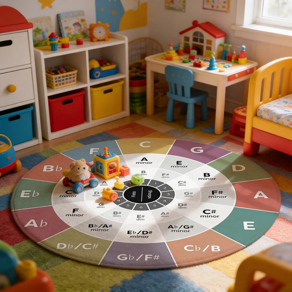Large Musical Scale Circle Area Rug for Music Theory Practice Piano Learning Classroom Decor