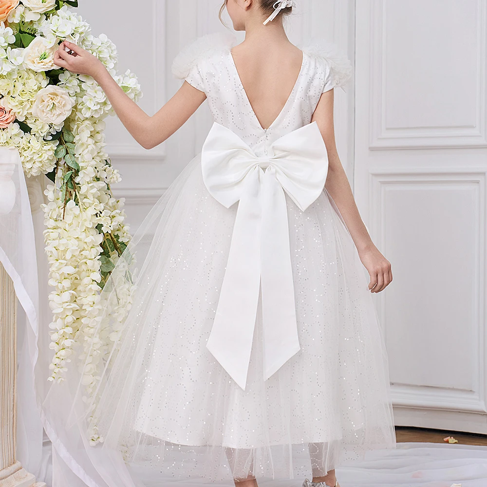 

Bowknot Puffy Dress For Girls Elegant Backless Evening Dress Flower Girl Wedding Dress Baptismal White Dress Kids Party Dresses