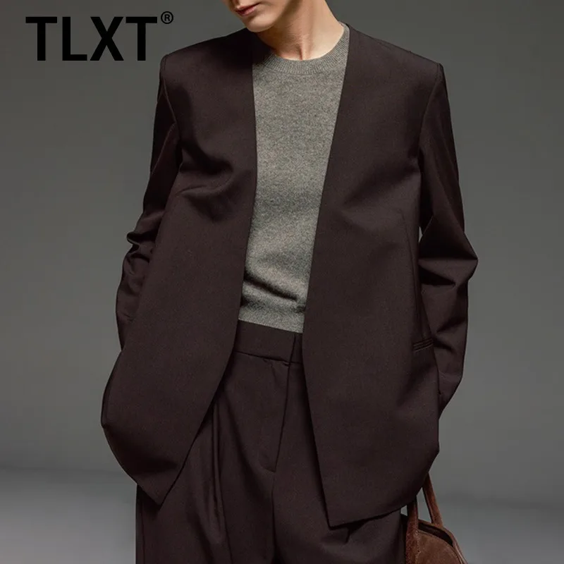 

TLXT универсальный темпераментный осенне-зимний новый костюм 2025 года, красный простой роскошный элегантный костюм без воротника с силуэтом, зауженные брюки