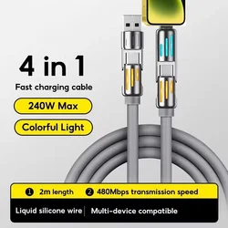 2M Breathing Led Light Column Four-in-one cord Zinc Alloy USB-C 4 in 1 240w Fast Charger Mobile Phone Charging Cable