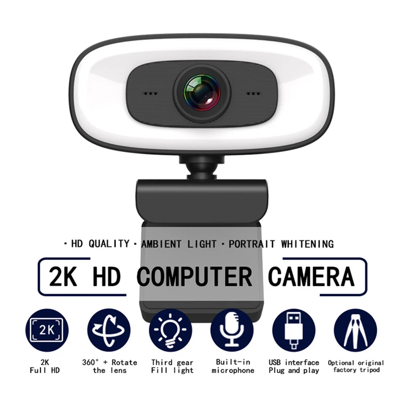 三脚付きウェブカメラ,2K, USB 2.0,ビデオ通話,オンライン教室,会議,ゲーム録画