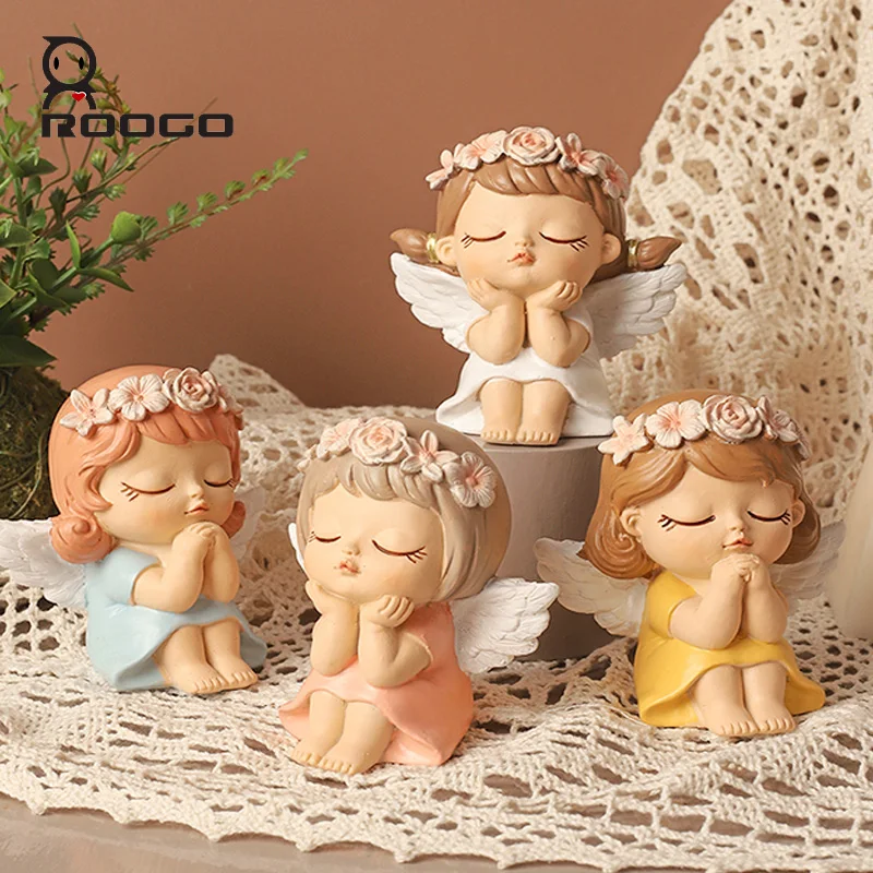 ROOGO Resin Angel Figurine Statue Cute Fairy Miniature Ornament Home Decorations Accessories Sculpture for Cake Home Garden