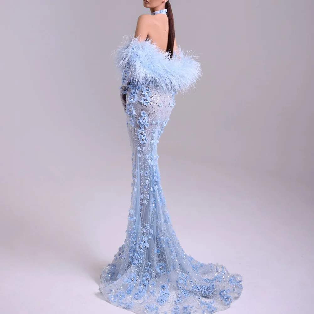 Bella personalizar vestidos de fiesta de plumas de sirena azul flores 3D cuello Halter vestidos de graduación guantes hasta el suelo vestido de novia 2025