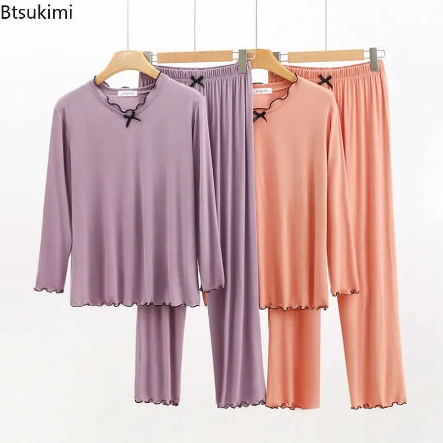 

Spring Summer Household Clothes Women's Pajamas Modal Cotton O Neck Long Sleeve Pants Suit Casual Two-Piece Pyjamas Female Set
