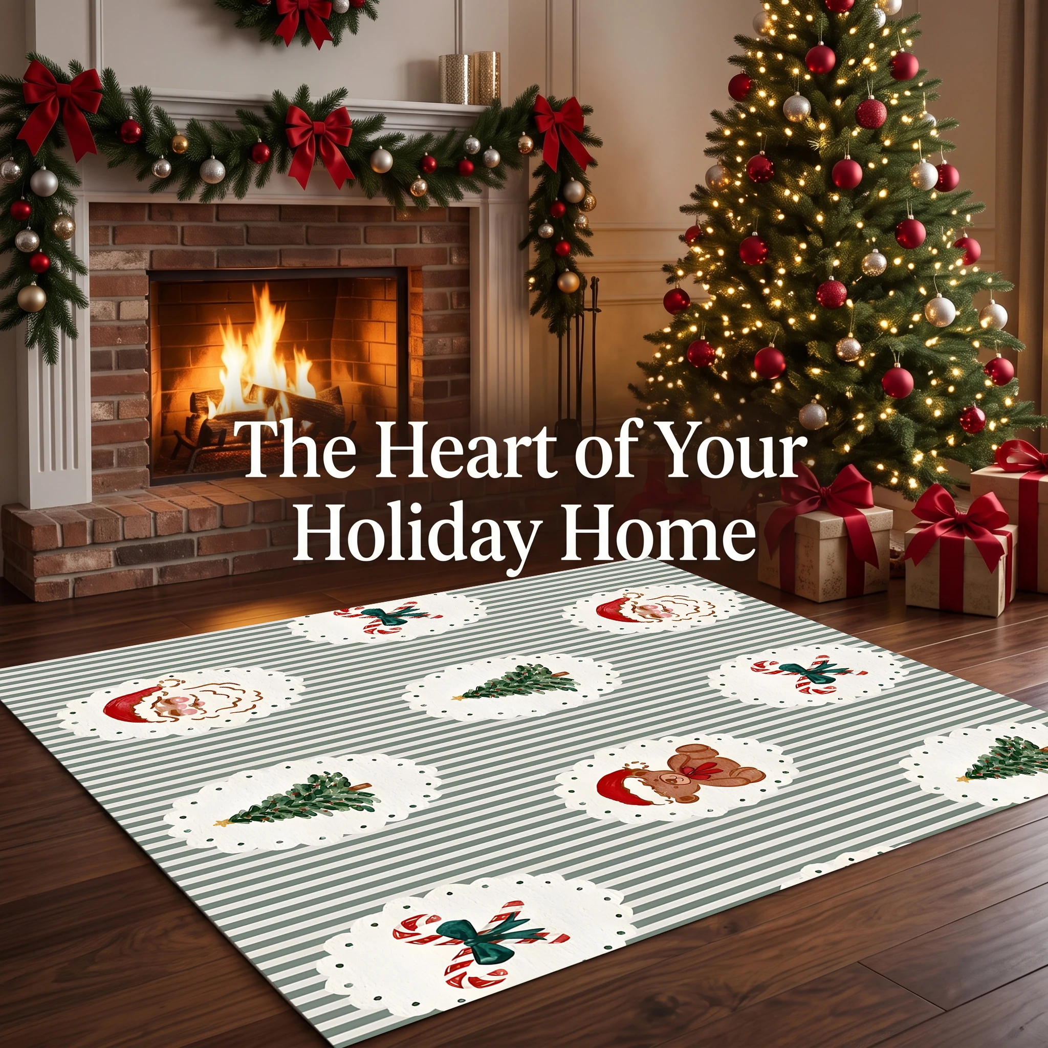 Velvet Rug Christmas Tree Santa Claus Candy Cane Bear Stripe Retro Cute for Bedroom Entryway Living Room Decor