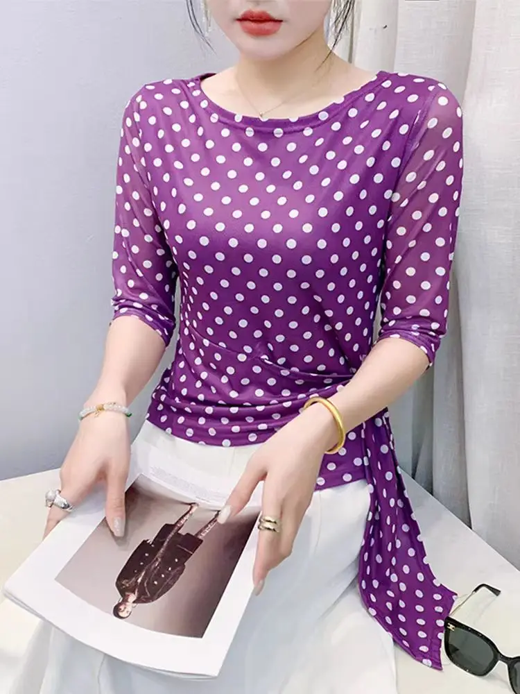 Summer Half Sleeve T-shirts Women Print Polka Dots Mesh Tops Girl Irregular Sweet Tshirt