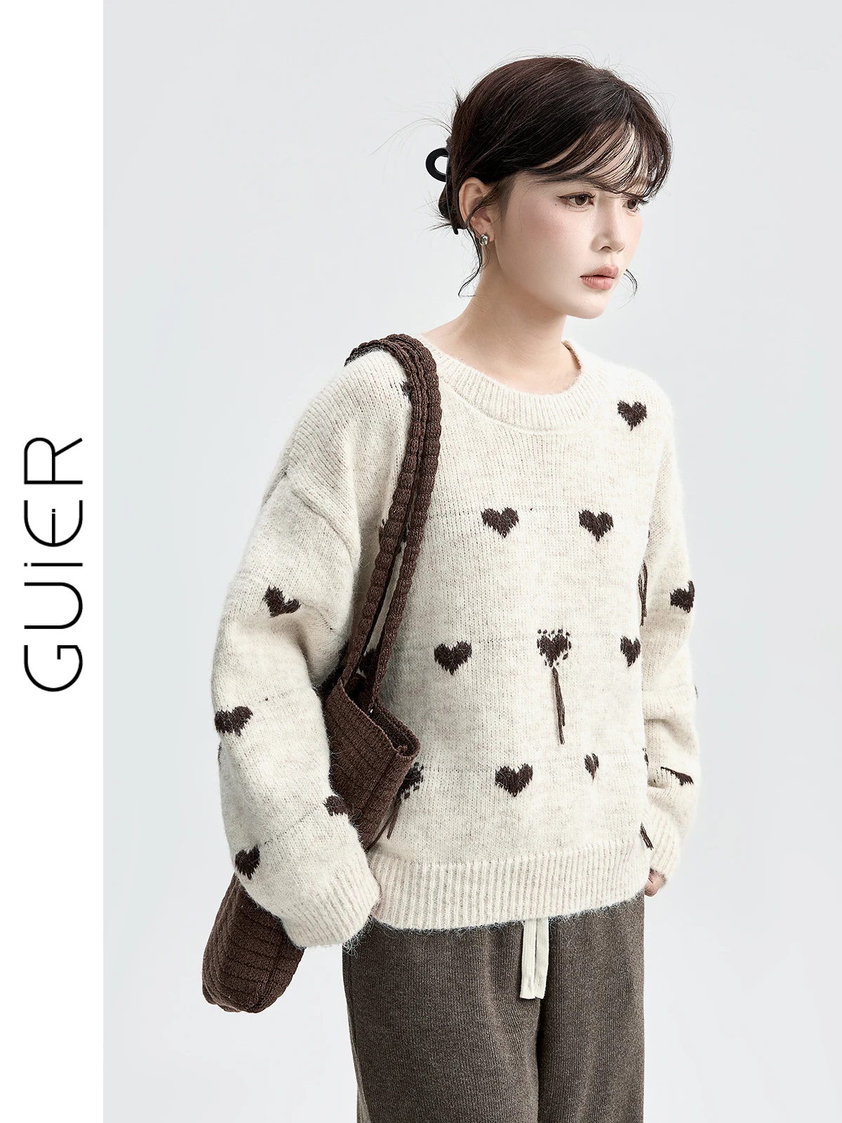 

Guier Women's Knitted Loose Sweater Winter 2025 New Sle Hooked Flower Design Overhead Warmth Thermal Long Sve round Ne...
