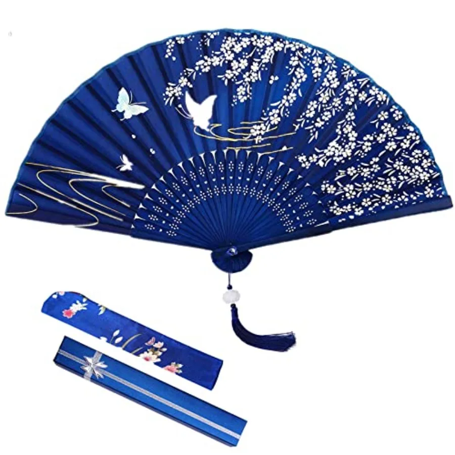 VEGCOO Éventail en bois et soie, éventail pliable avec sac de ventilateur de lotus/sac en soie/coffret cadeau d'été pour décoration