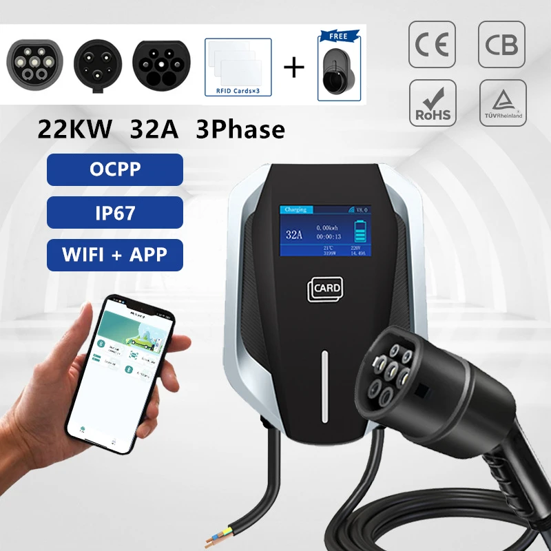 Type 2 EV Charging Station IEC62196 J1772 GBT 22KW 32A 3Phase Electric Vehicle Car Charger Wallbox Type 1 GB/T with APP Cards