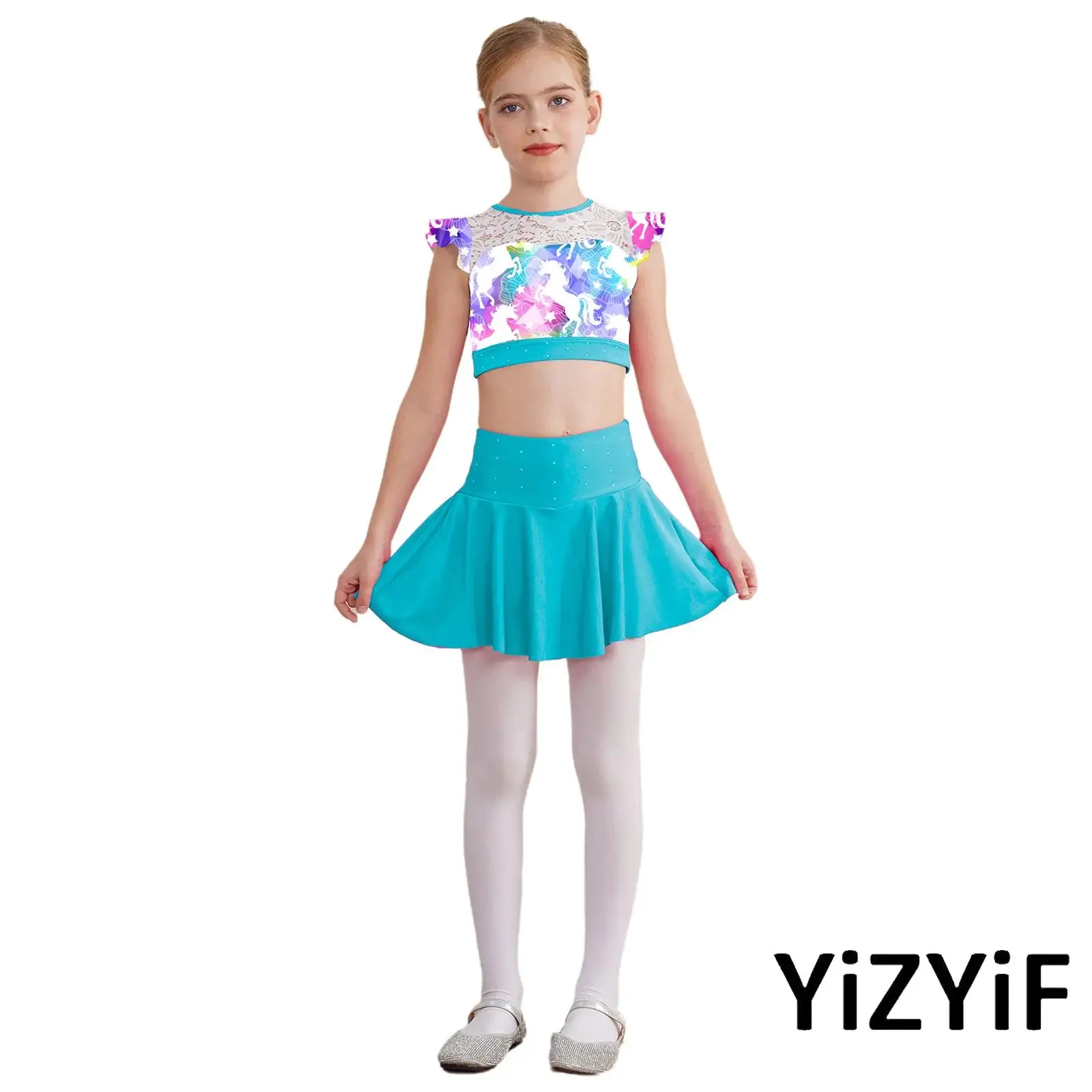 

2Pcs Kids Girls Cheerleading Competition Costume Hollow Lace Sport Top+Shiny Diamond Skirted Shorts for Ballet Ballroom Dance