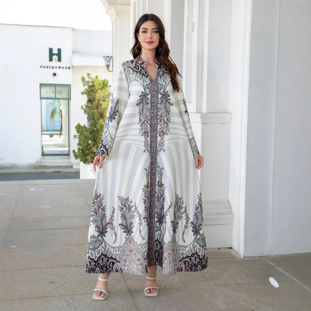 

Sw1101 Stand Collar Women's Robe With Printed Diamond And Bead Embellishments New Dress Abaya Ramadan Dubai Luxury Islam Elegant