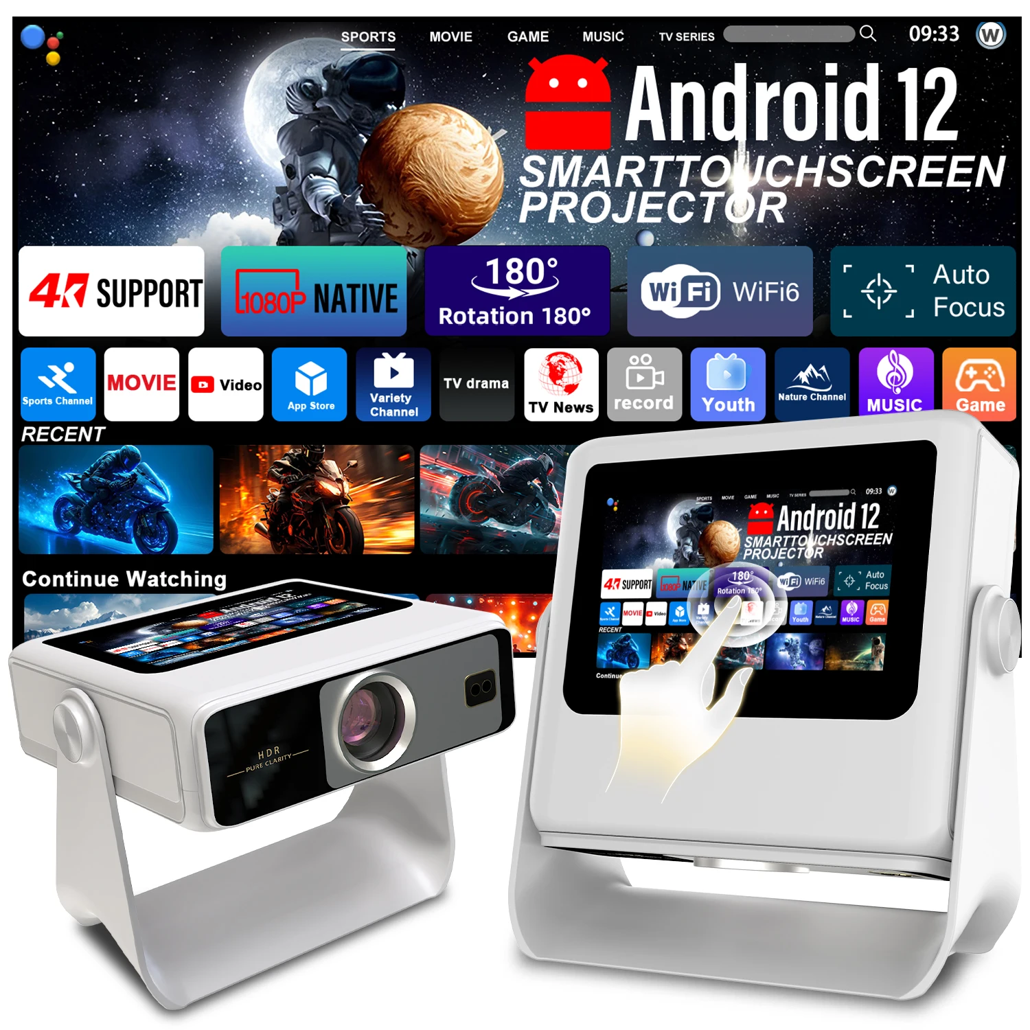 

Native 1080P 4K 7" Projector Android 12 Auto Focus 180° Rotate Ceiling View HDMI USB BT WiFi 3-in-1 Speaker