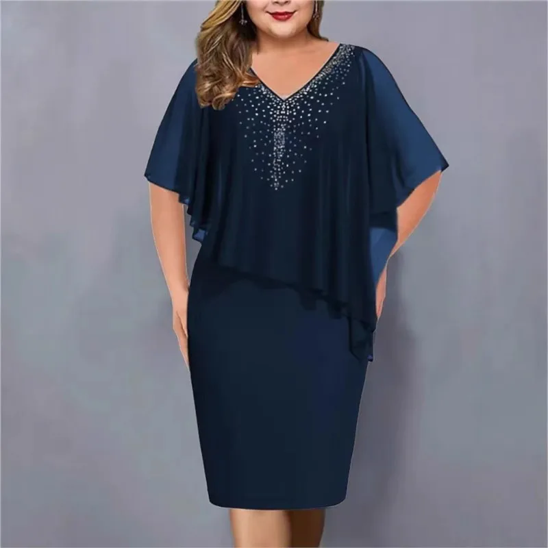 Women's Sexy V-neck One-step Skirt Elegant Summer Party Dress Rhinestone Decor Daily Wear Bodycon Chiffon Banquet Evening Dress