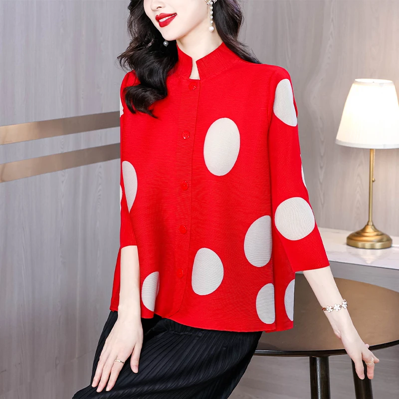Summer Pleated Loose Shirt Women Stand Collar Single Breasted Dot Print Casual Blouse Vintage Female Tops 2024 Chinese Style New