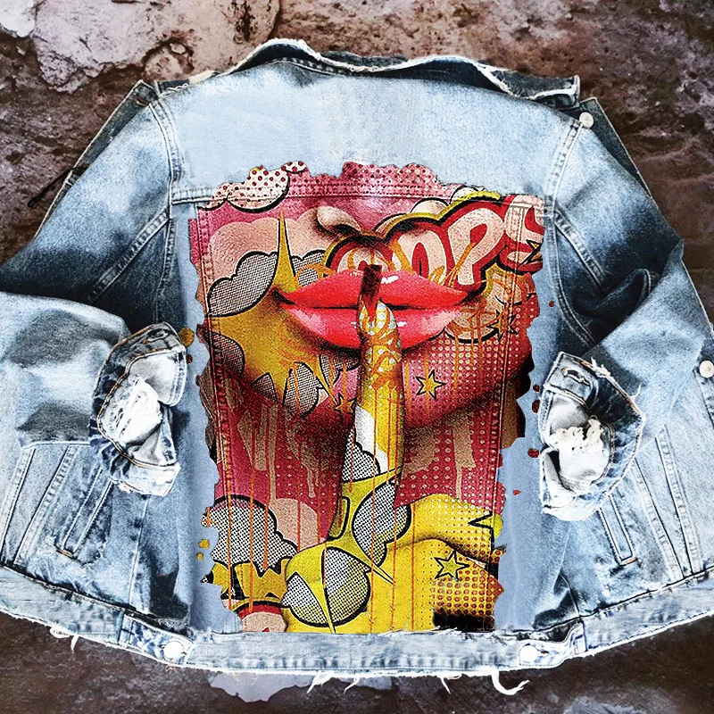 

Grunge Y2k Women's Clothing Colourful Fingers Oversized Printed Denim Jacket Trendy Coat Casual Hip-hop Streetwear Buttons Tops