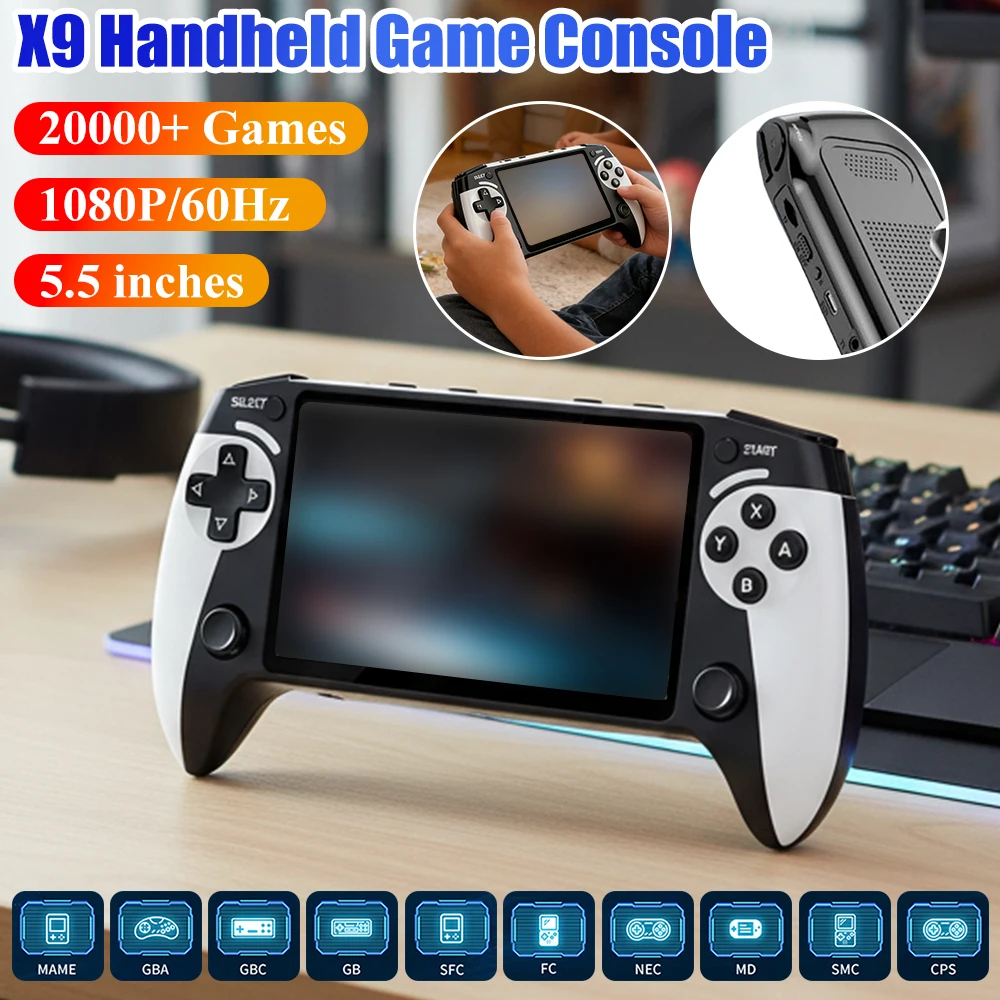 

Upgraded 2000mAh X9 Game Console with 20000+ Games 64GB Retro Handheld Game Player 1080P HD 5.5 Inch Screen Video Game Console