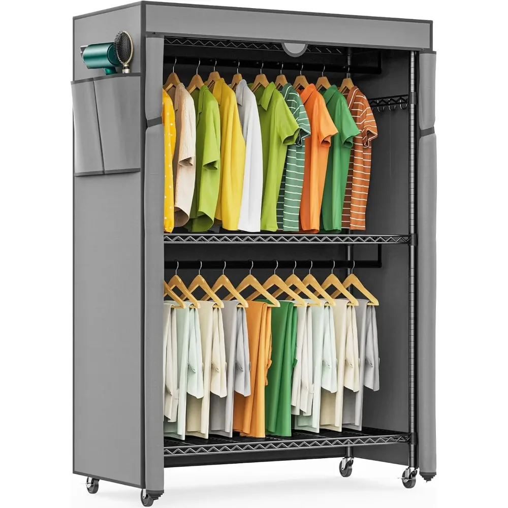 

Heavy Duty Clothes Rack with Cover, Rolling Garment Rack for Hanging Clothes, Portable Closets with Oxford Fabric Cove