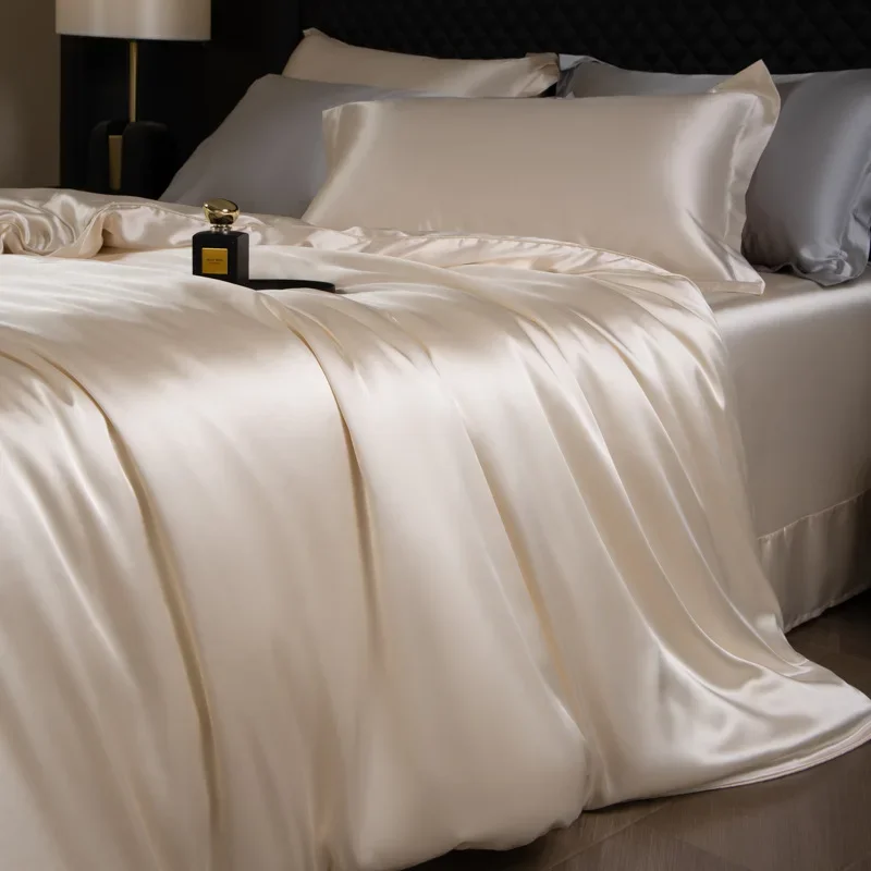 Luxury Mulberry Silk Duvet Cover Set High End Satin Solid Color Quilt Cover and Pillowcases Soft Silky King Size Comforter Cover