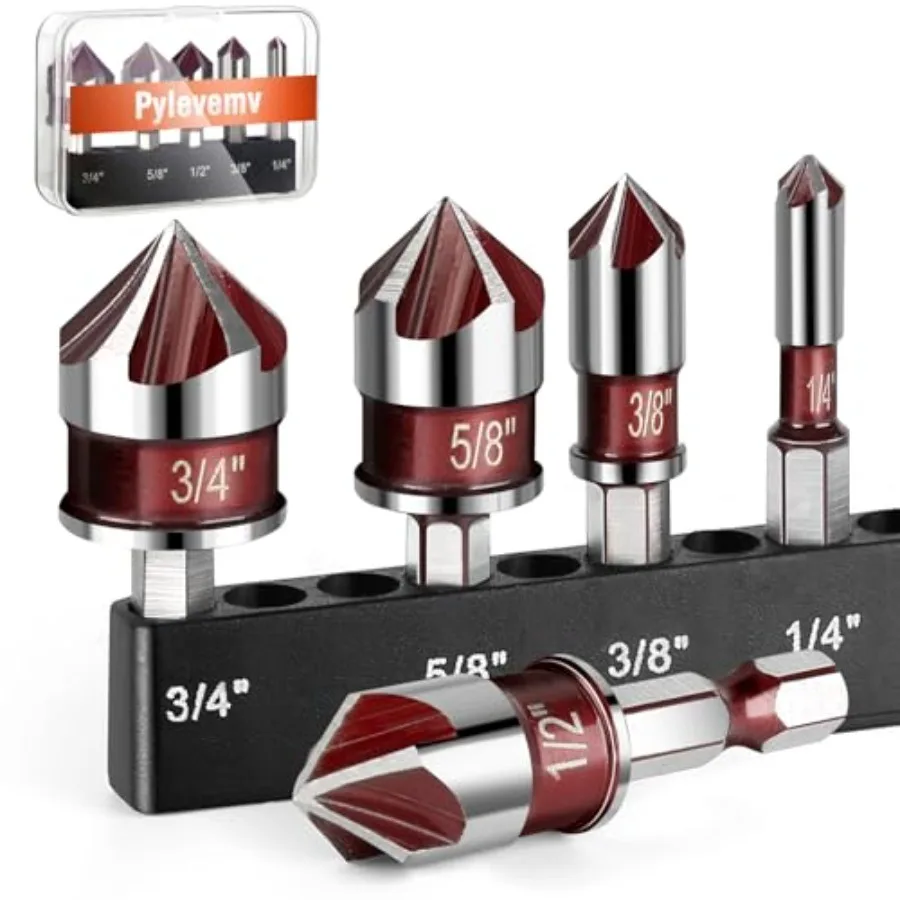 5Pcs Countersink Drill Bit Set Premium Drill Bit with 82-Degree 5 Flutes Quick-Change Hex Shank 1/4 Inch to 3/4 Inch Size Count