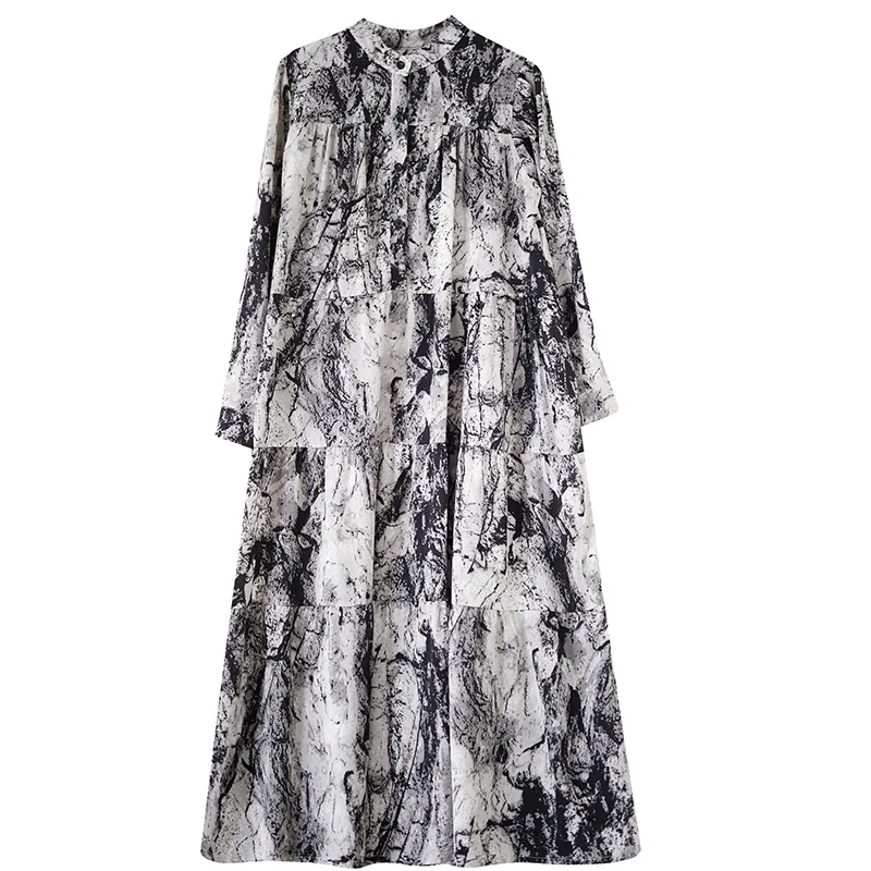 Retro Tie Dye Inktprint Lange Dr Plus Size Dames Faion Lente Herfst f Open Kraag Ele A-lijn Rok Dr