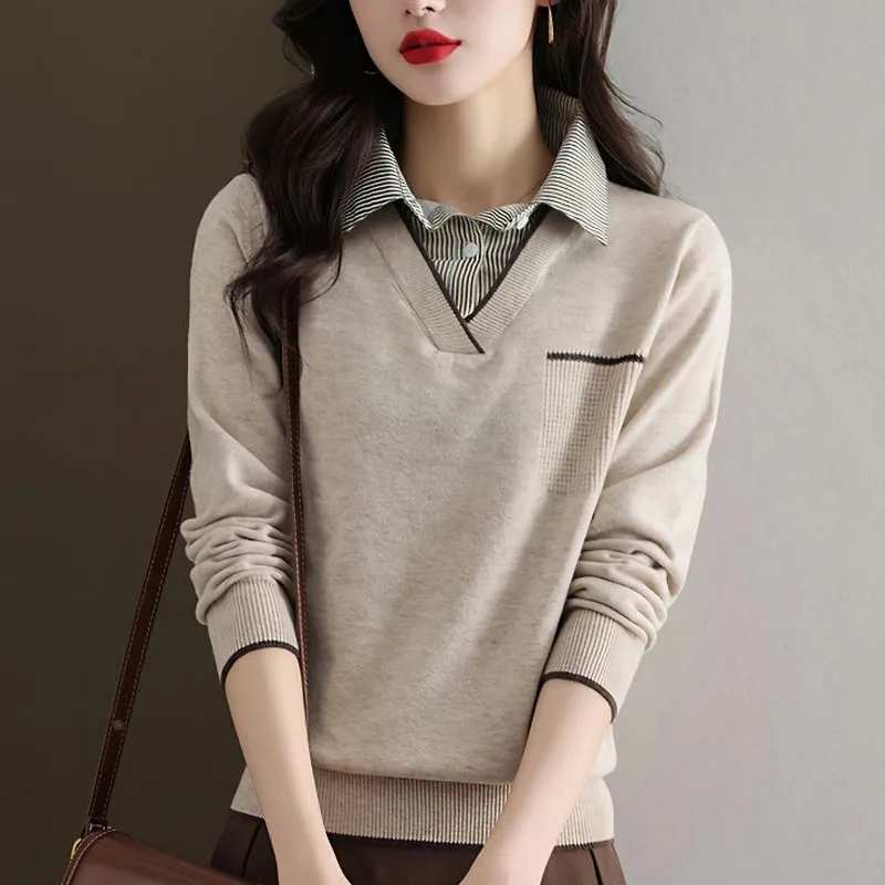 Spring and Autumn Fashion Trend Fake Two Piece Spliced Shirt Collar Loose Versatile Casual Age Reducing Women\'s Knitted Sweater