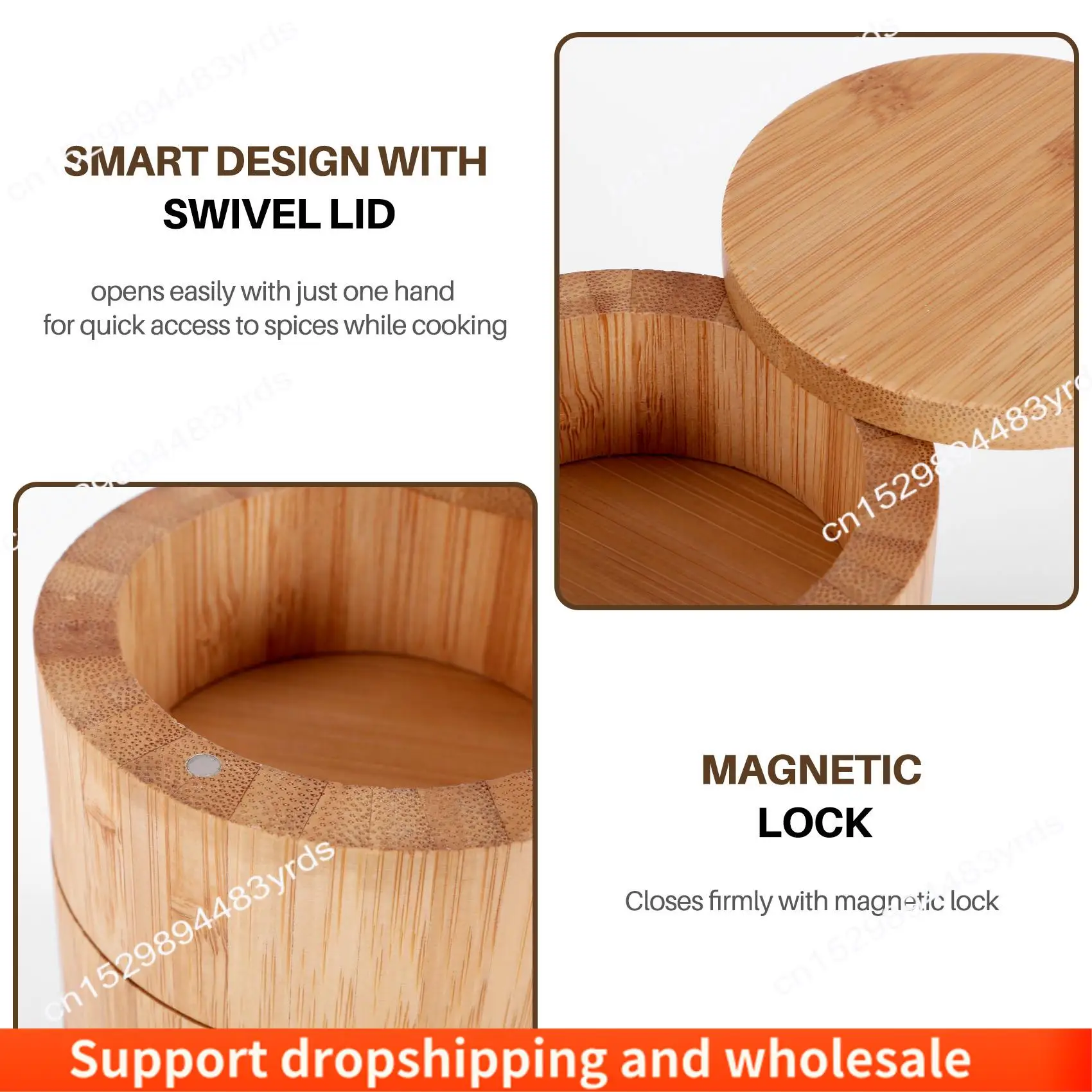 AA86 Bamboo Triple Salt Box,Wood Box,3-Tier Round Bamboo Box For Salt Or Spice With Magnetic Swivel Lid Spice Storage Box